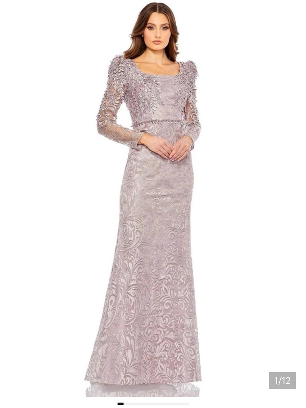 Mac Duggal Lavender Lace Long-Sleeve Evening Gown